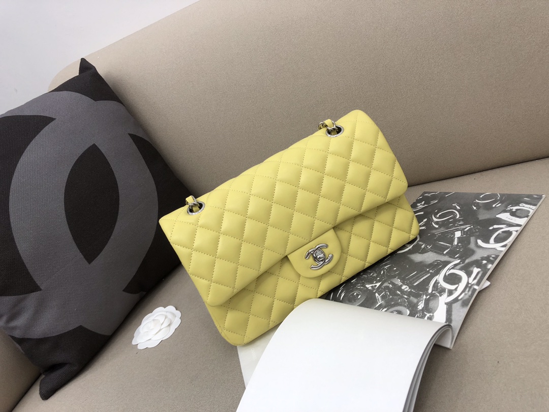 Medium Classic Flap Lambskin Bag AO1112 Yellow/Silver